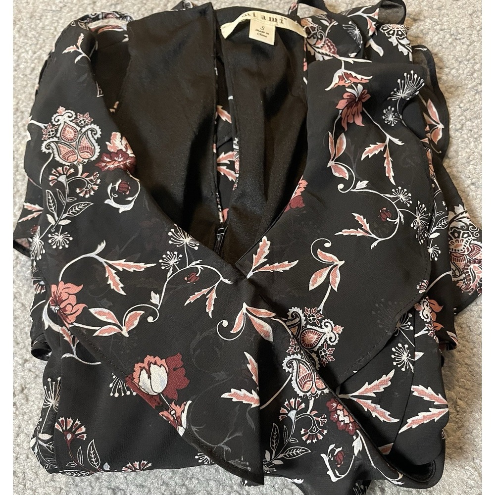 Francesca's Mi Ami Faux Wrap Dress Sz S Black Pink Floral Ruffles City Clubwear - Picture 14 of 14